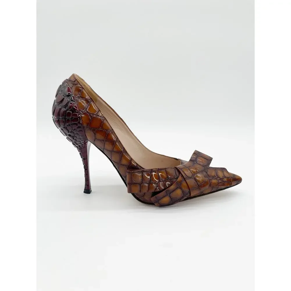 Miu Miu Spring 2015 Runway Brown Burgundy Patent Croc Embossed Bow Heels IT 36